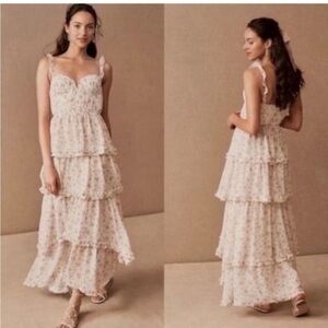 Sau Lee Dress Peyton Maxi Tiered Ruffle in White Pink Floral